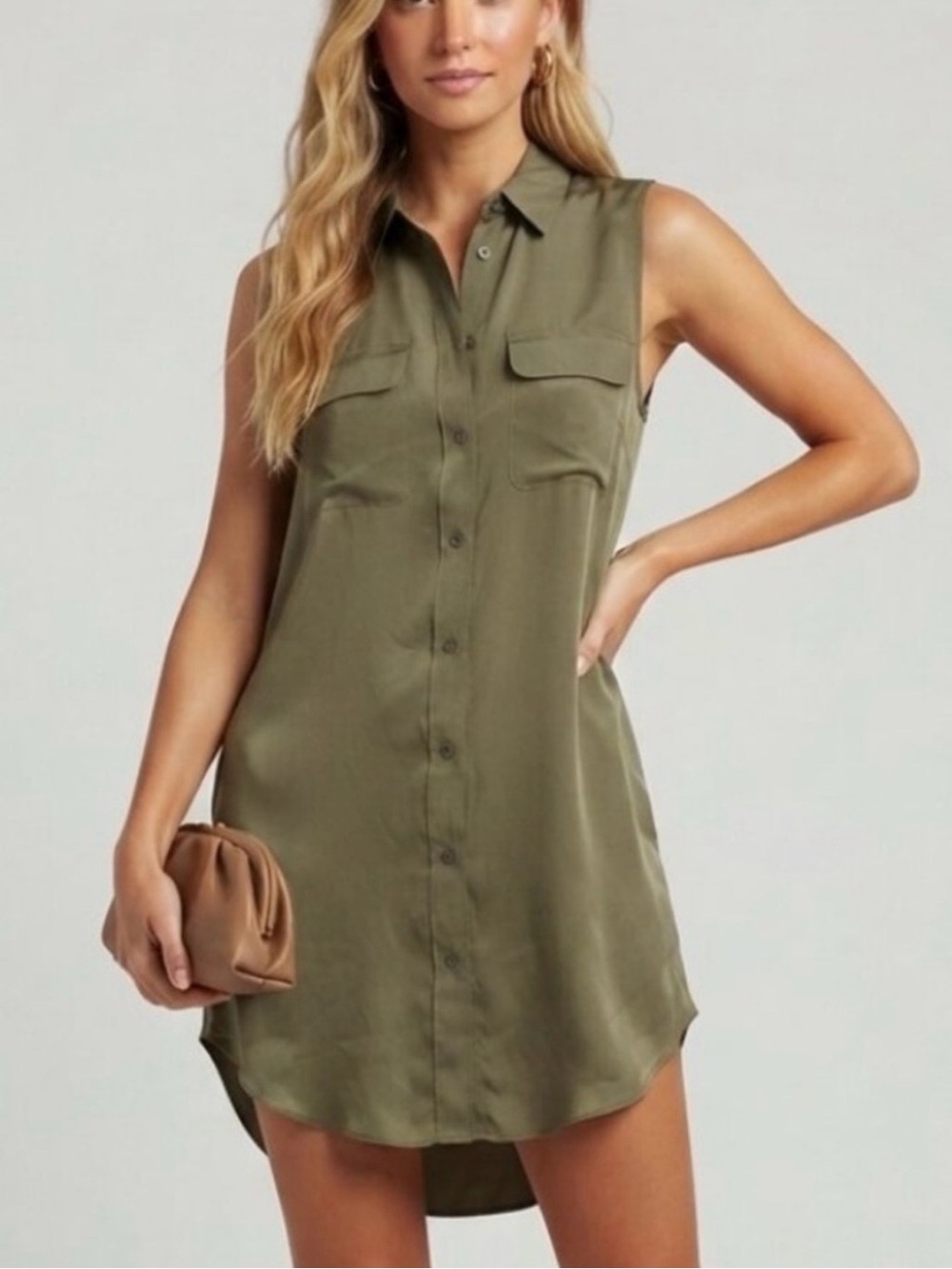 Equipment Slim Signature Silk Shirt Dress Olive Green Size S